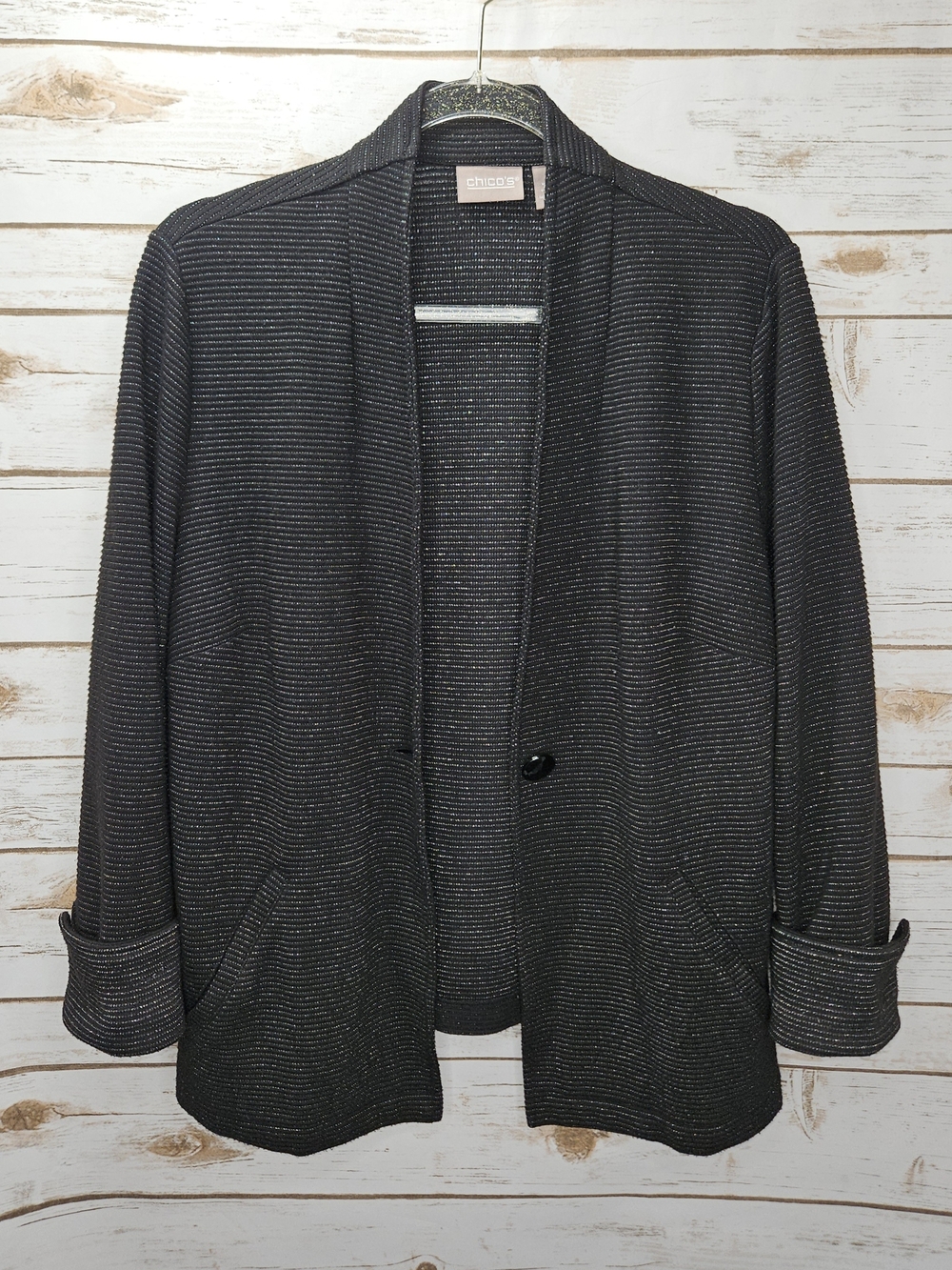 Chicos Black Sparkle Knit One Button Cardigan Blazer Chico's 1= Medium 8-10